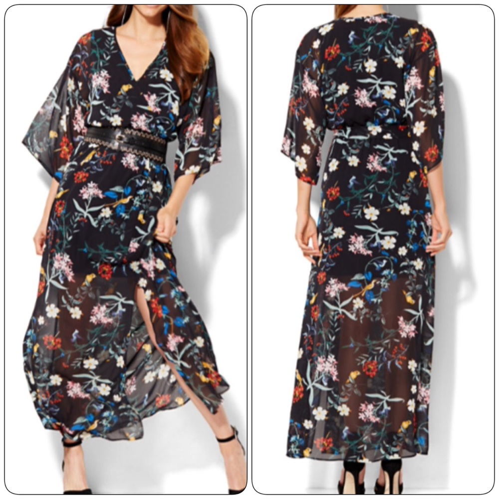 NY & Company Floral Bird Print Kimono Maxi Dress - Picture 1 of 3